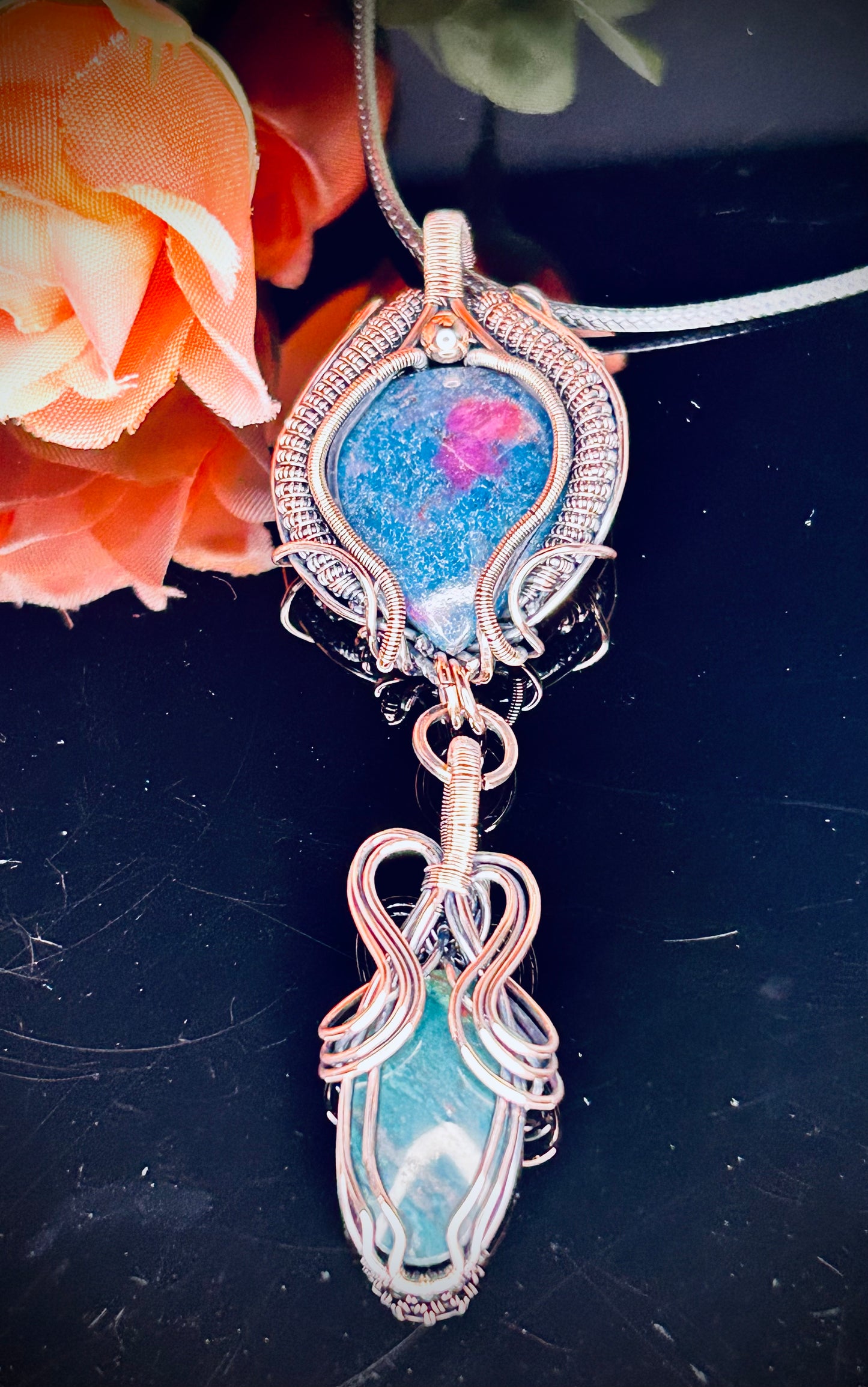 Copper Ruby Kyanite & Bloodstone Pendant