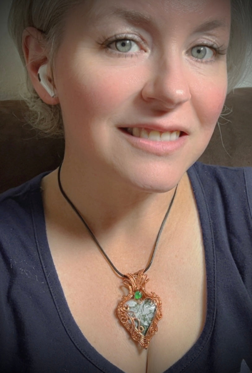 Copper Moss Agate Heart & Green Onyx Pendant