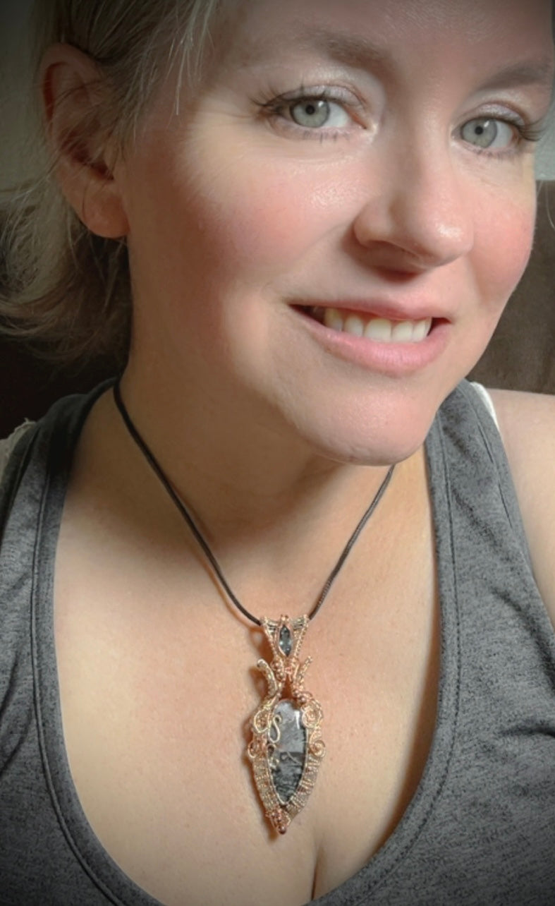 Copper/Bronze/Silver Orange Seam Agate & London Blue Topaz Pendant