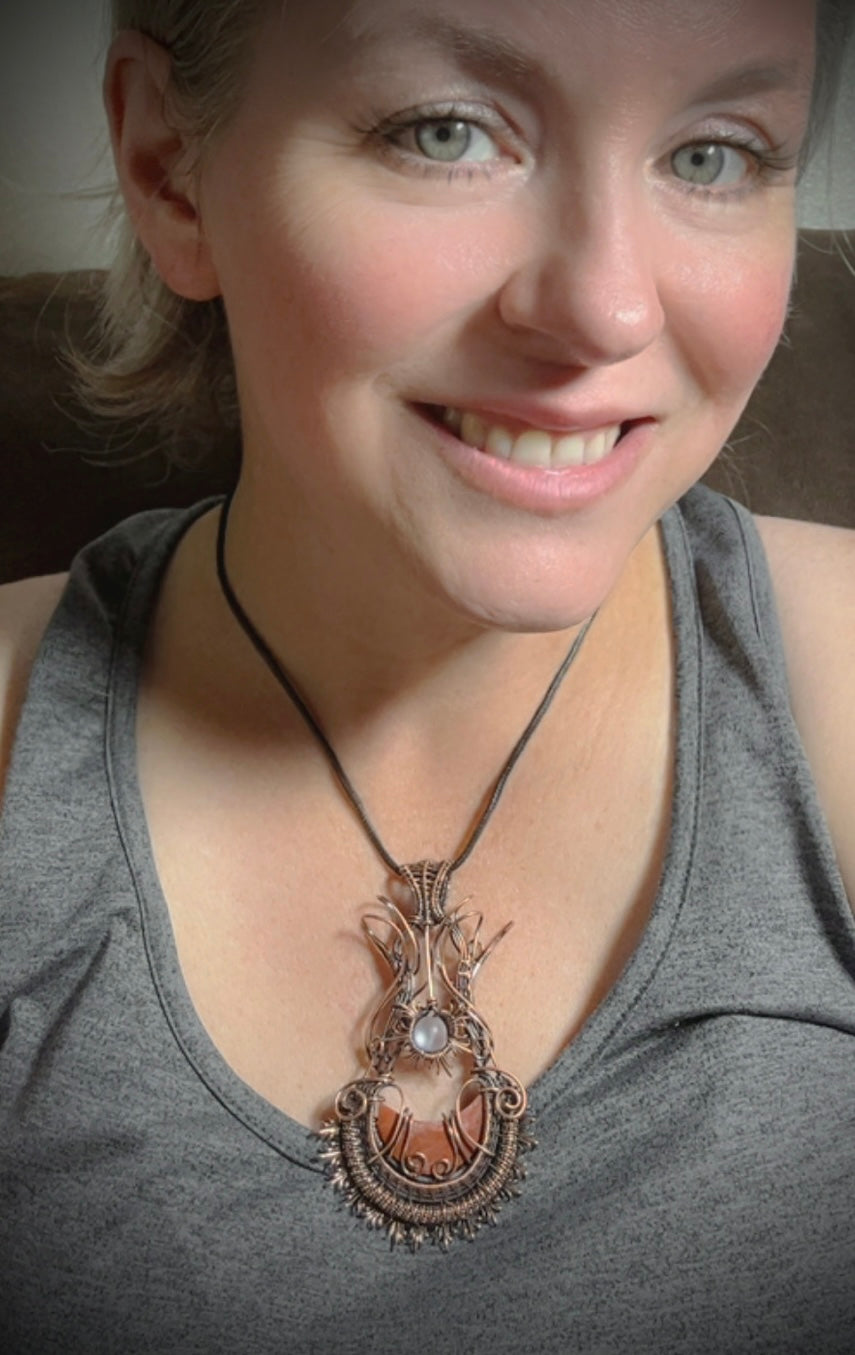 Copper Petrified Wood Moon and Sunburst Pendant