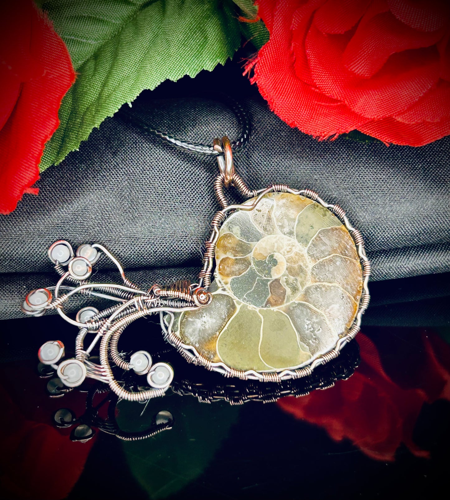 Copper Ammonite & Green Moonstone Nautilus Pendant