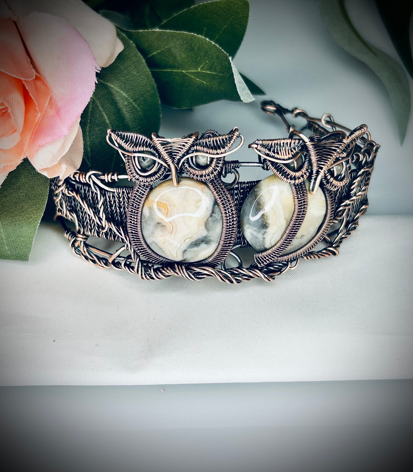 Lace Agate Owl Cuff Bracelet