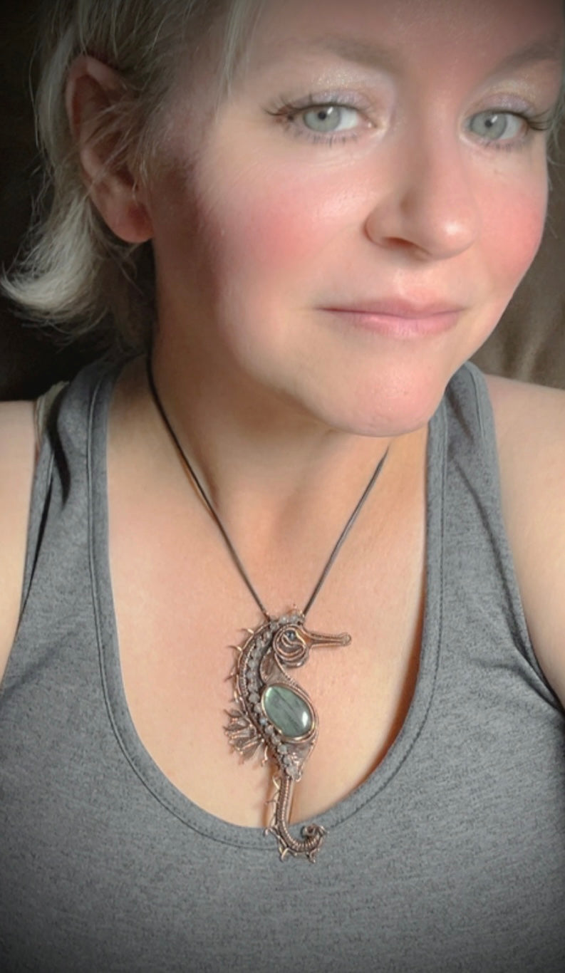 Copper Labradorite & Blue Zircon Seahorse Pendant