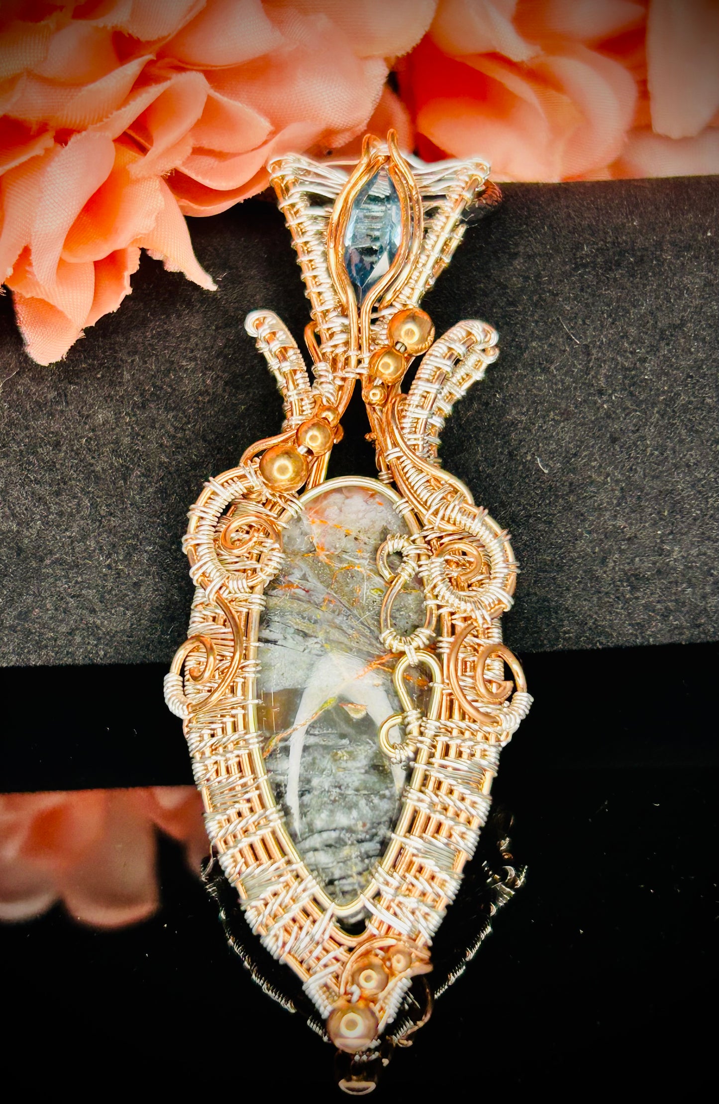 Copper/Bronze/Silver Orange Seam Agate & London Blue Topaz Pendant