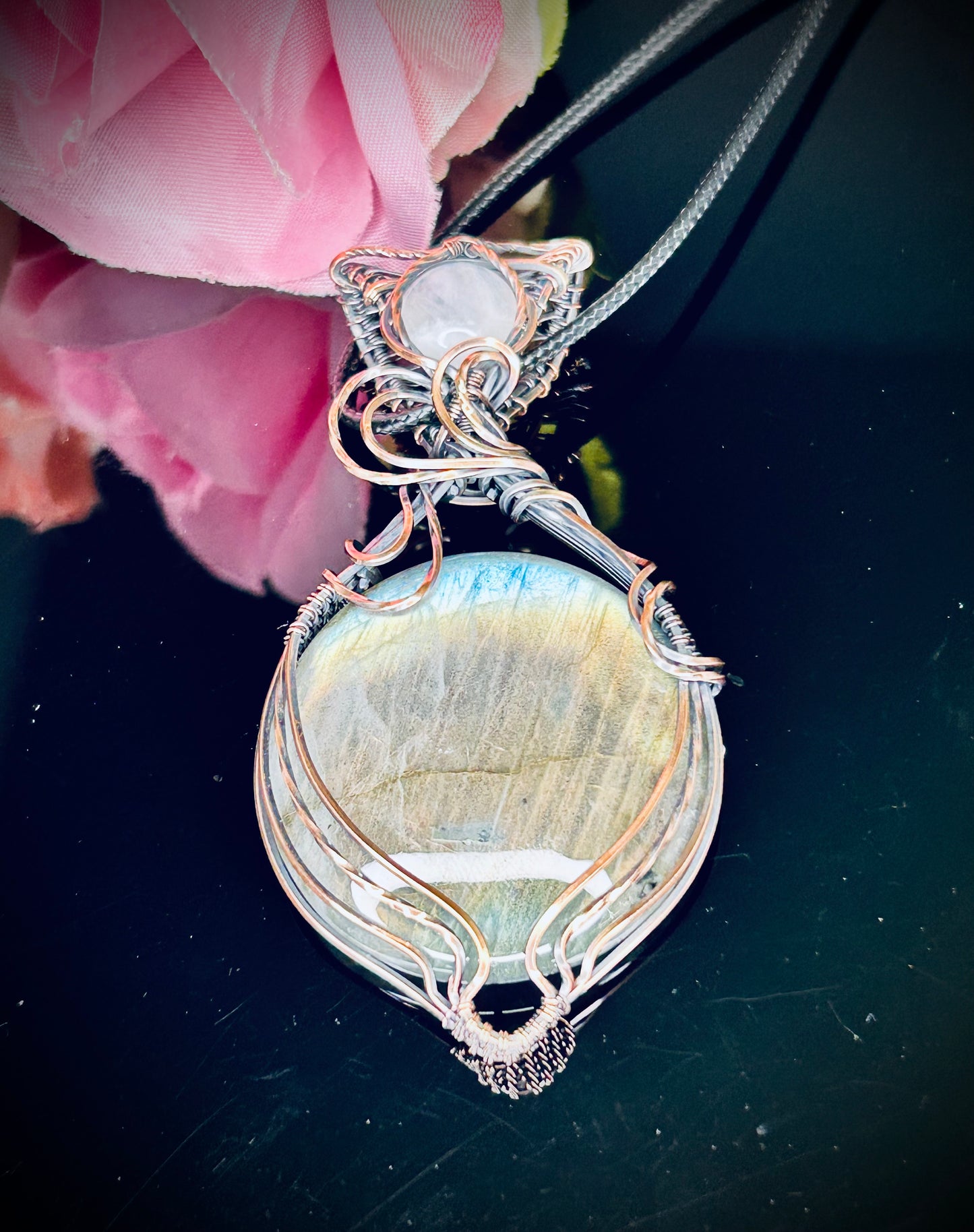 Copper Round Labradorite & Rainbow Moonstone Pendant