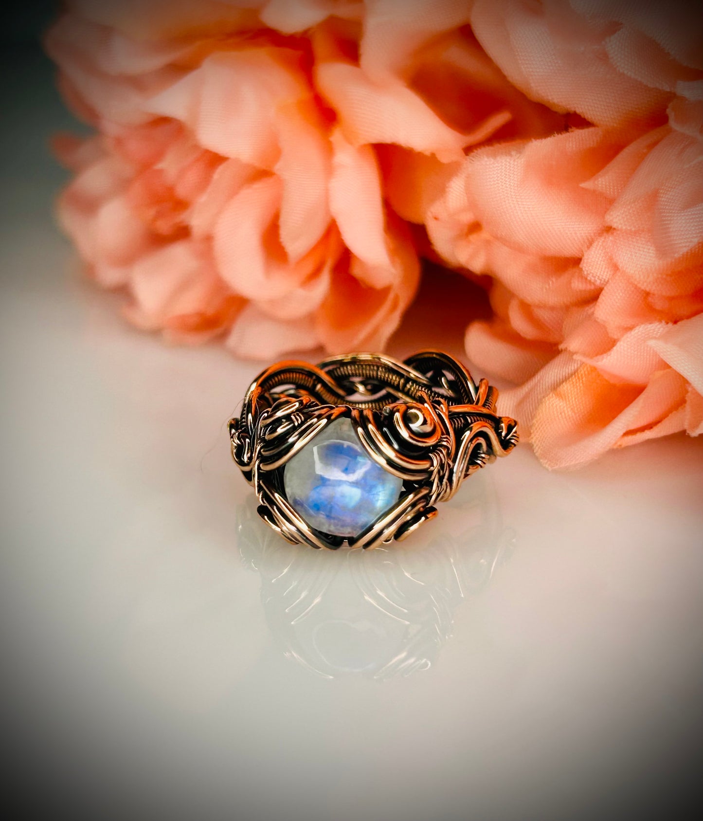 Copper Rainbow Moonstone Ring size 8