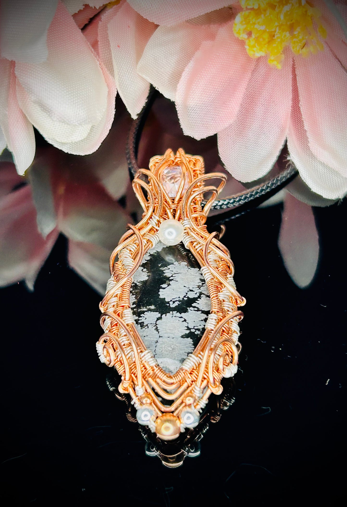 Copper/Silver Snowflake Obsidian Pendant