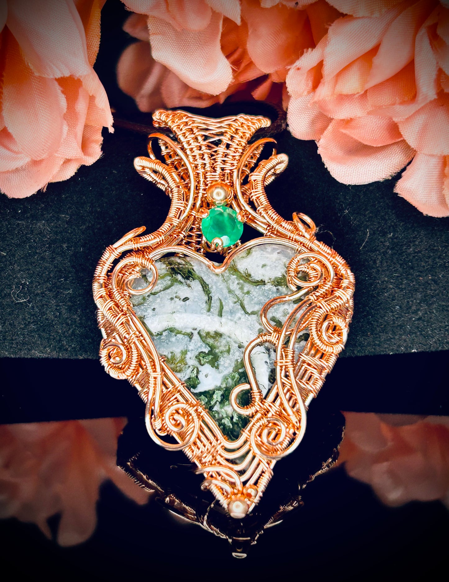 Copper Moss Agate Heart & Green Onyx Pendant