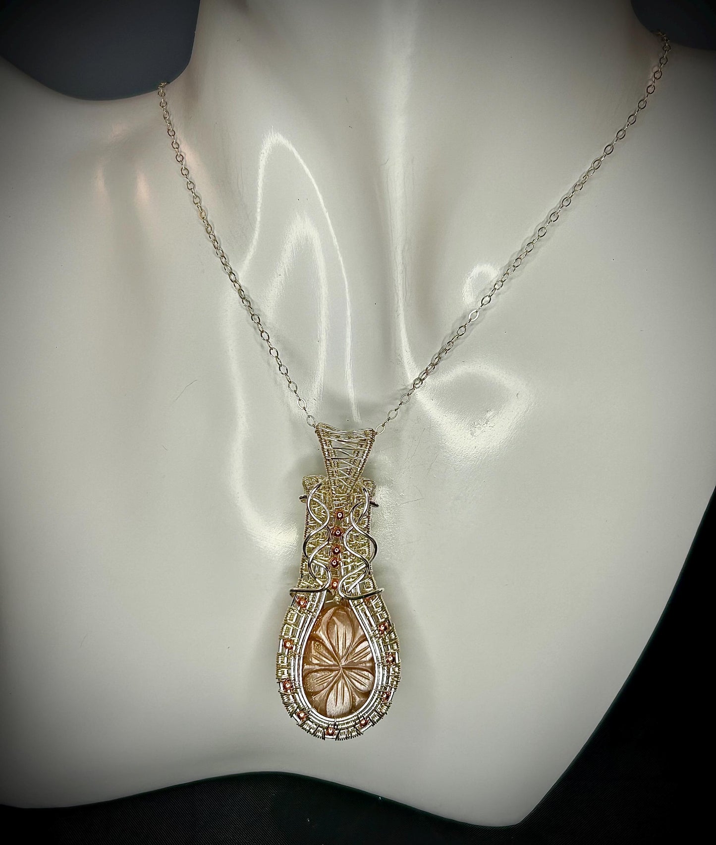 Silver Beaded Weave Carved Sunstone Pendant