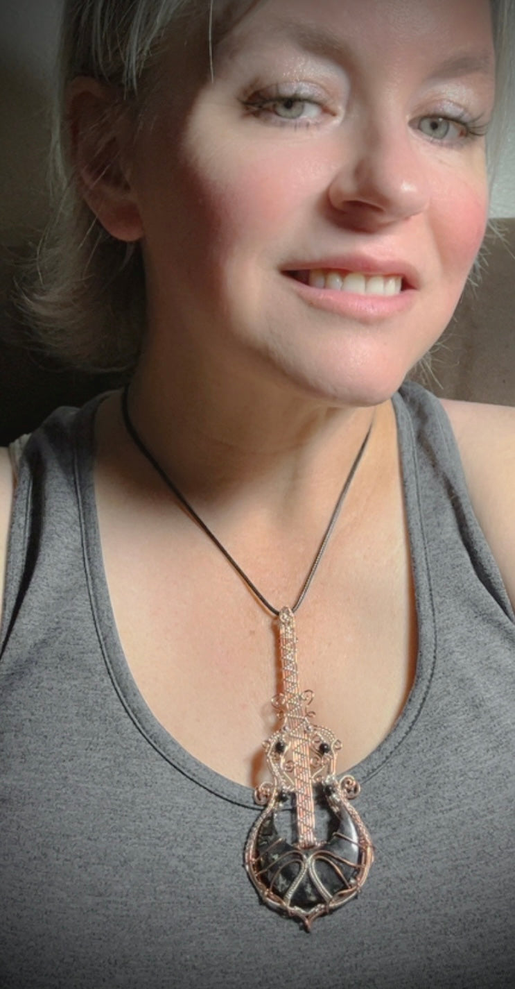 Copper/Silver Peacock Feather Agate Guitar Pendant