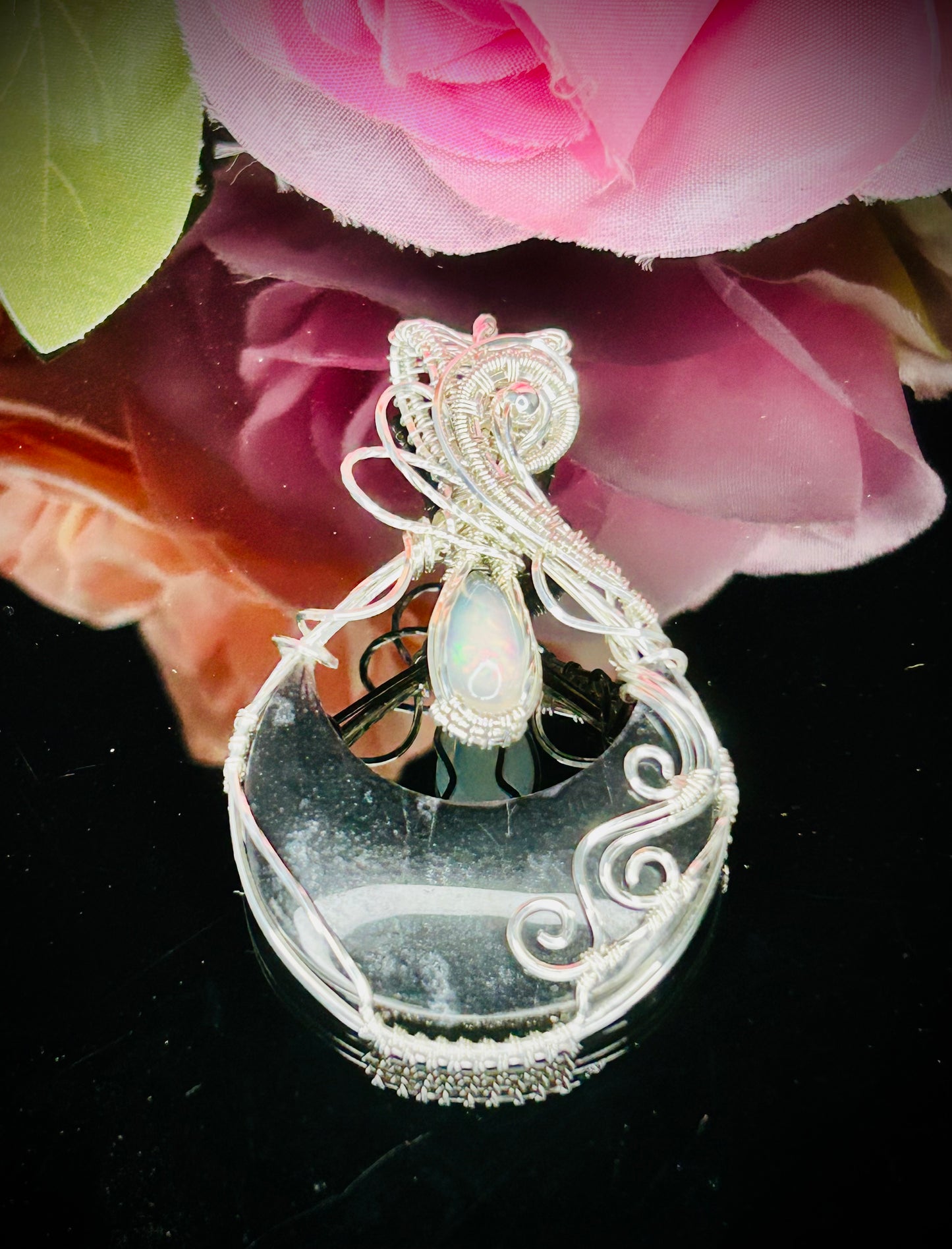 Silver Peacock Feather Agate and Opal Pendant