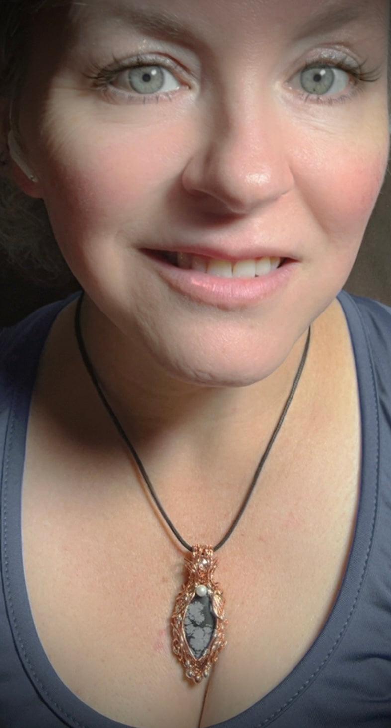 Copper/Silver Snowflake Obsidian Pendant