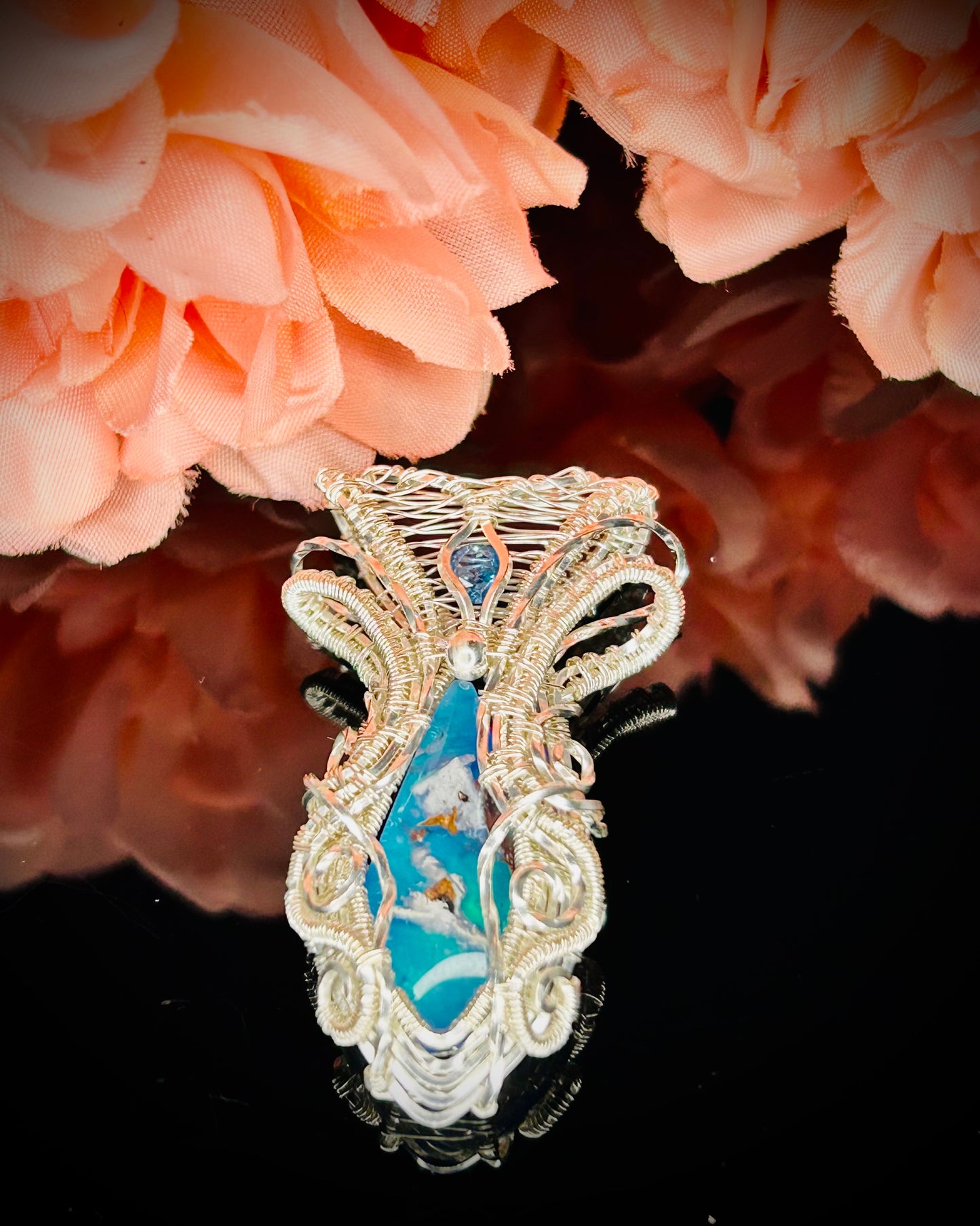 Silver Chrysocolla Copper Dolomite Aurora Opal Doublet & Blue Topaz Pendant