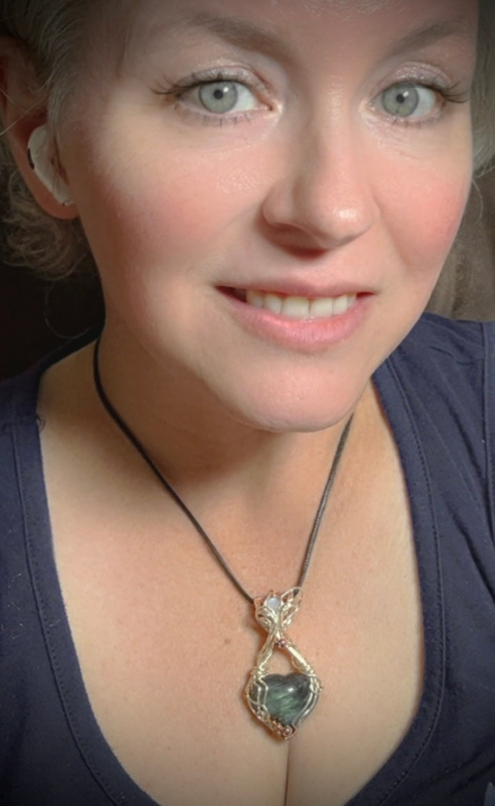 Tinned Copper Labradorite Heart & Moonstone Pendant
