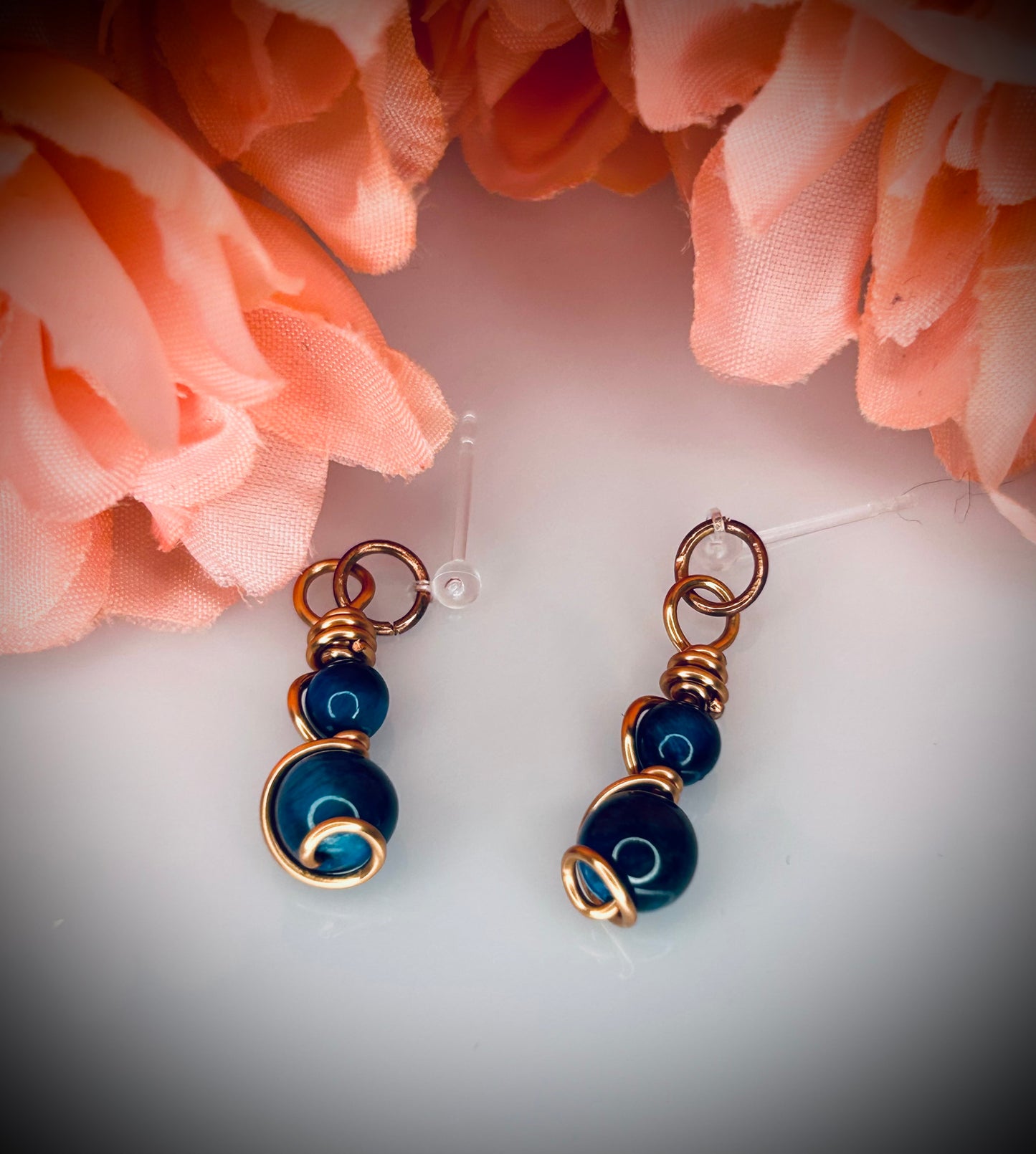 Copper Aquamarine Tiger’s Eye Post Earrings