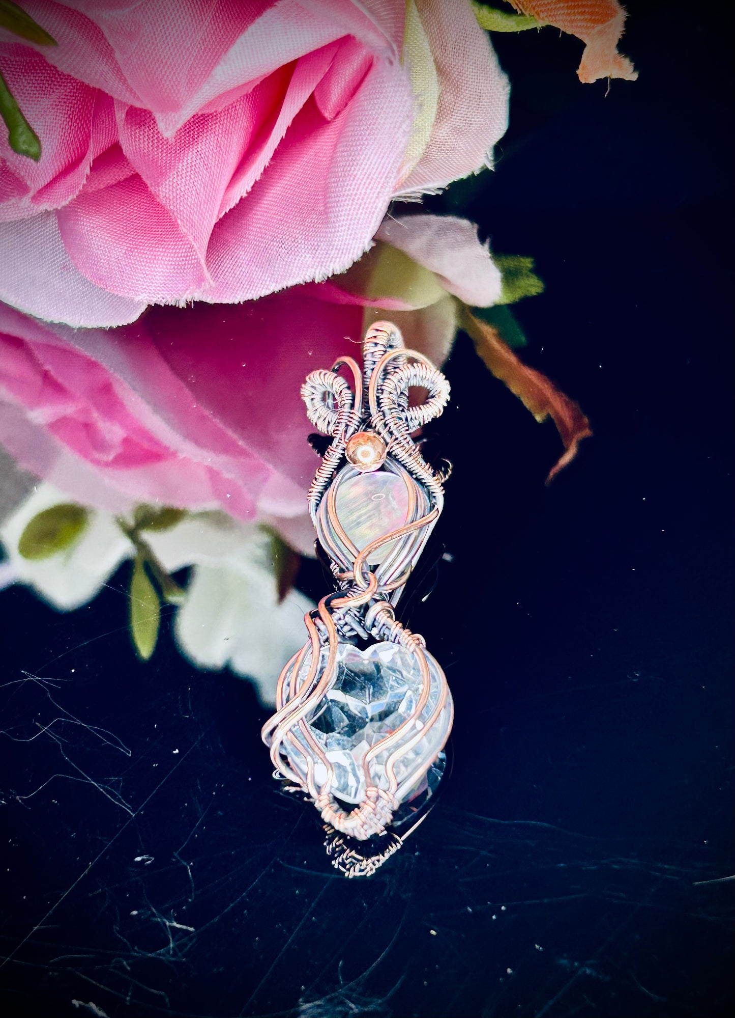 Clear Quartz Crystal Heart & Abalone Shell