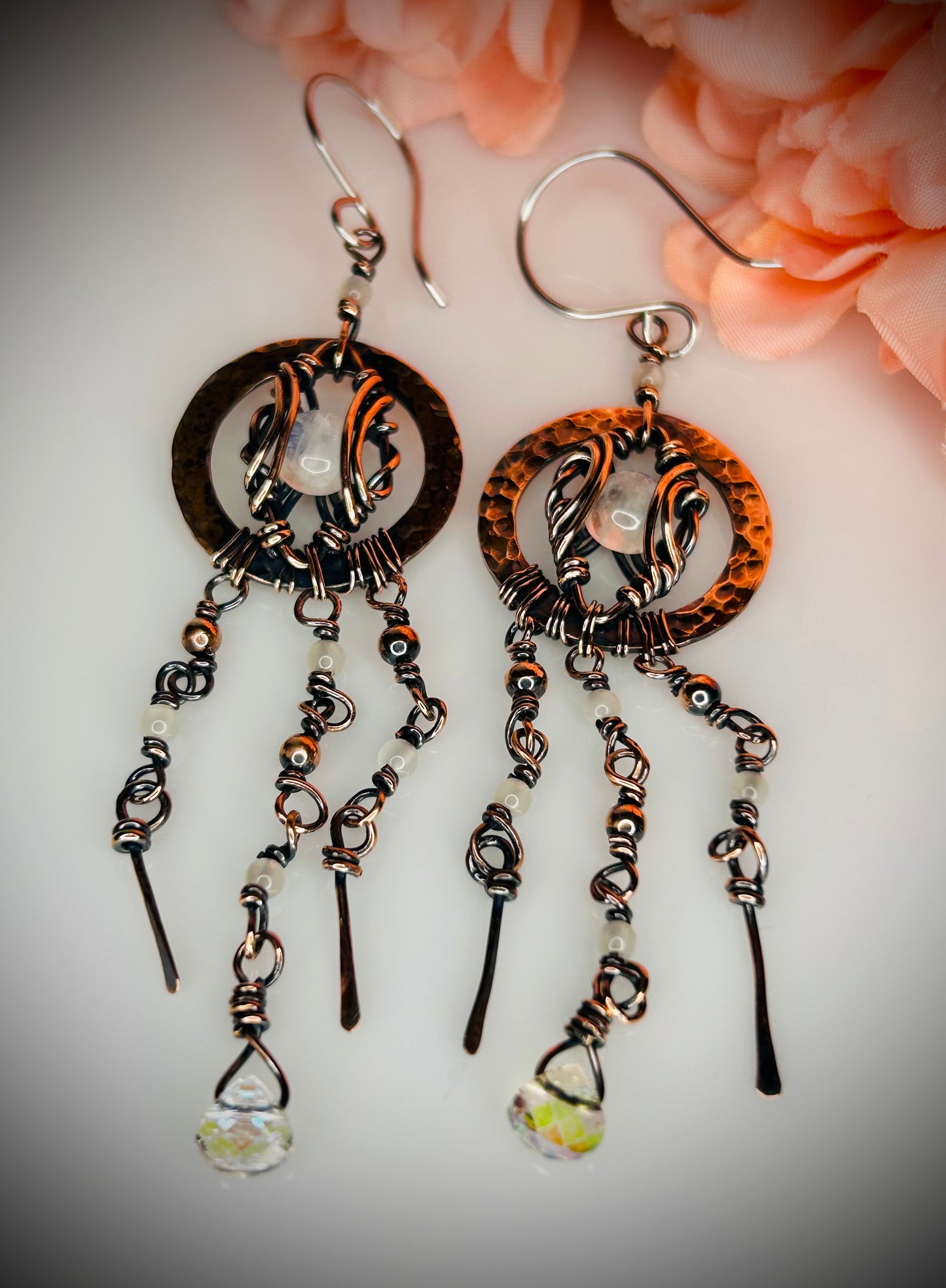 Copper Washer Rainbow Moonstone Earrings