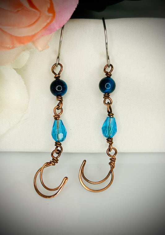 Copper Blue Tiger’s Eye Moon earrings