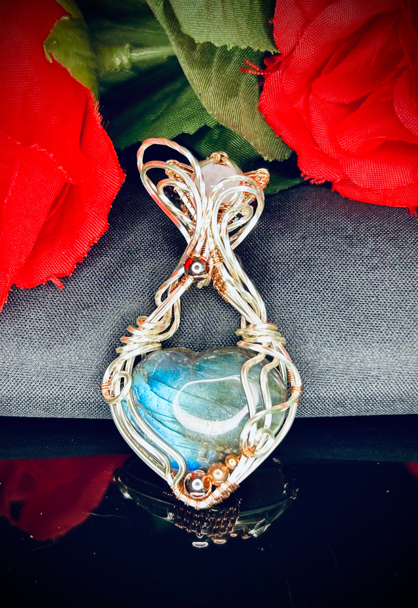 Tinned Copper Labradorite Heart & Moonstone Pendant