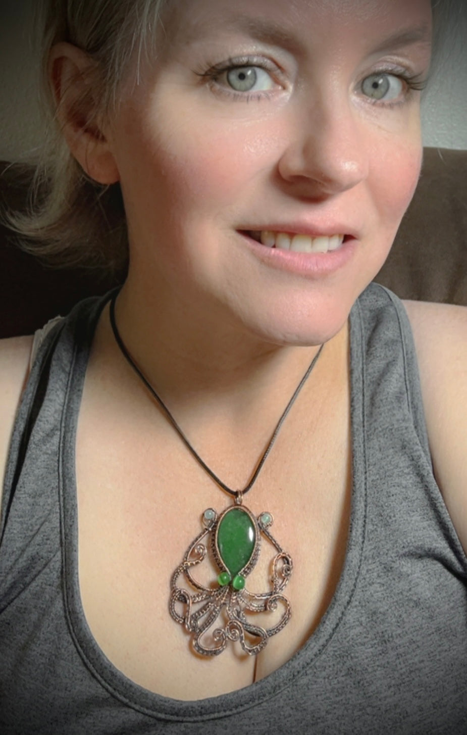 Green Strawberry Quartz & Cat’s Eye Octopus Pendant