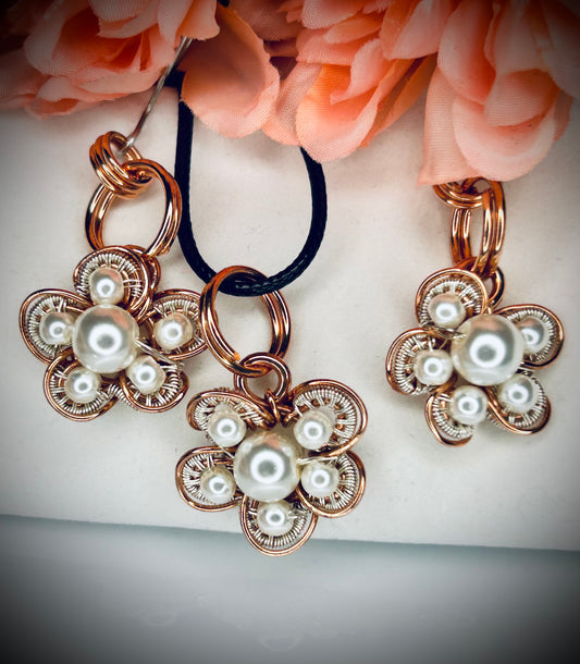 Copper/Silver Pearl Blossom Pendant & Earring Set