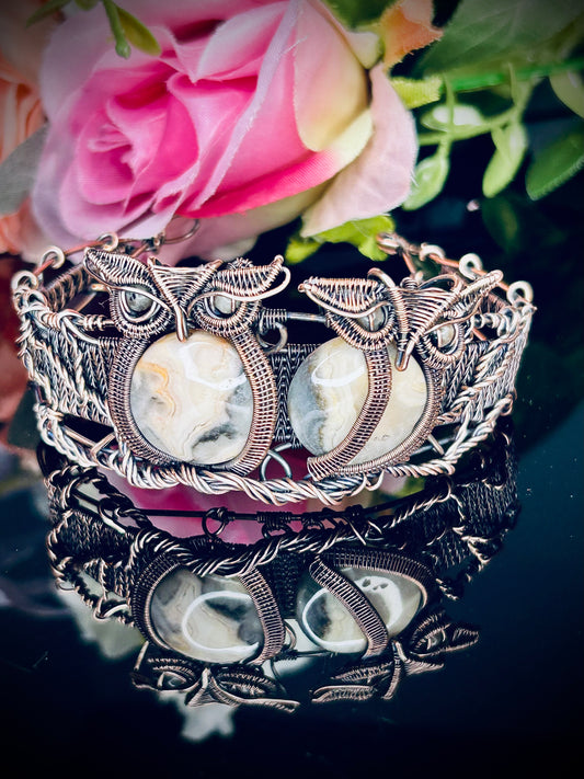 Lace Agate Owl Cuff Bracelet