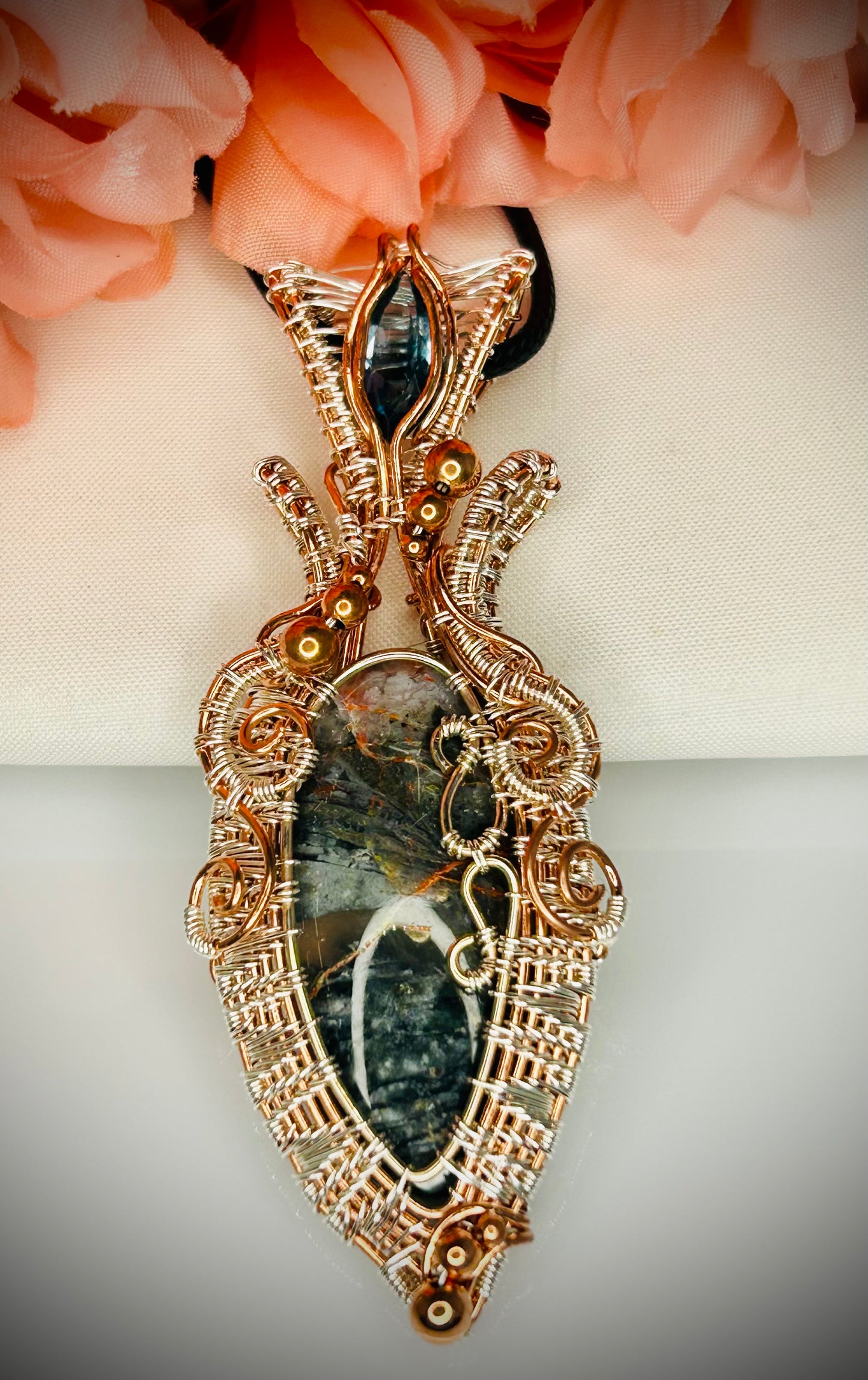 Copper/Bronze/Silver Orange Seam Agate & London Blue Topaz Pendant