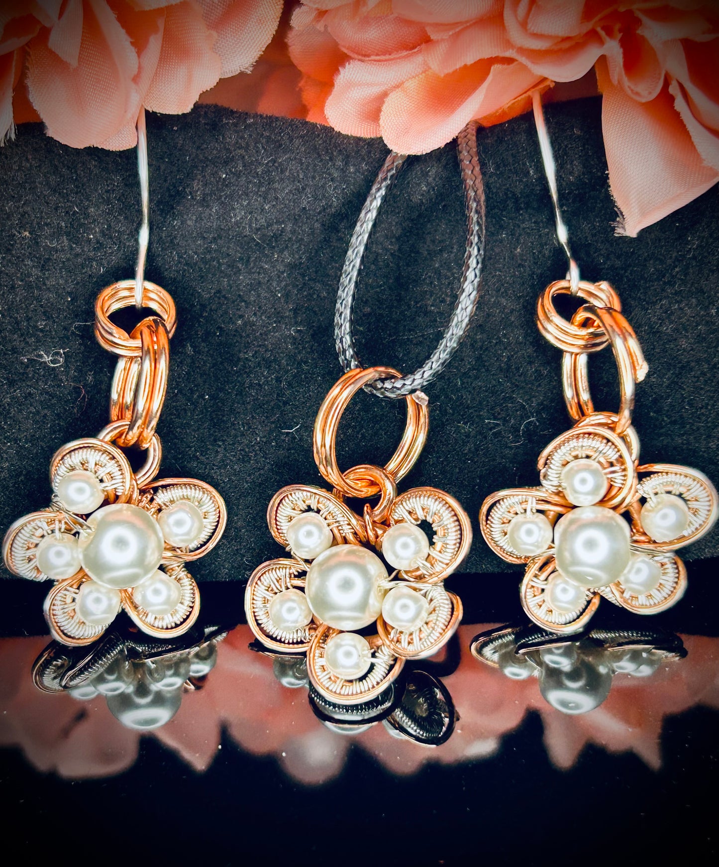Copper/Silver Pearl Blossom Pendant & Earring Set