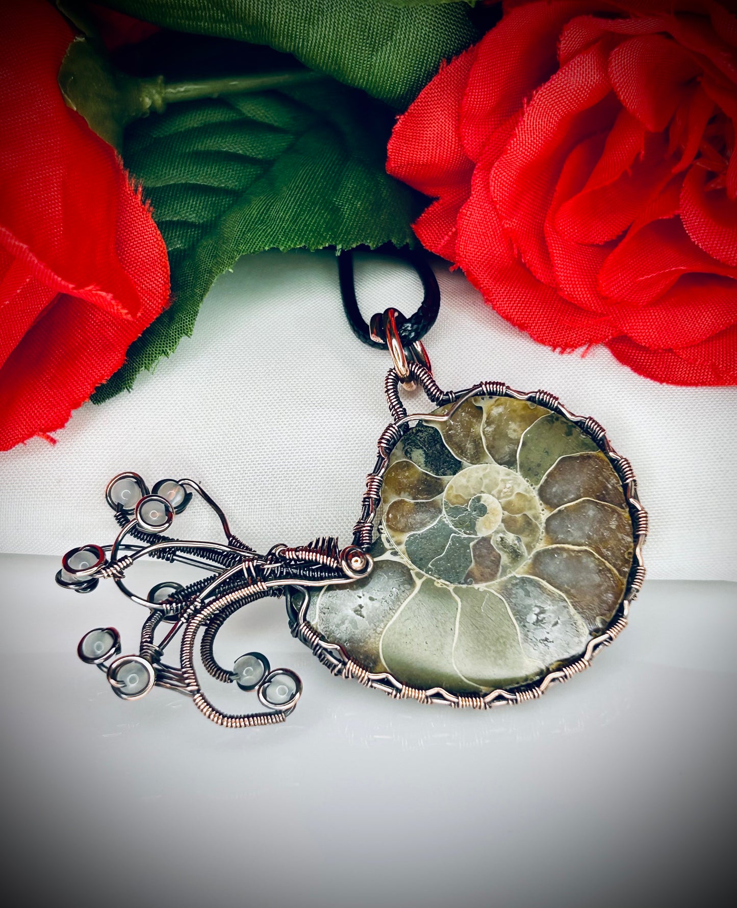 Copper Ammonite & Green Moonstone Nautilus Pendant
