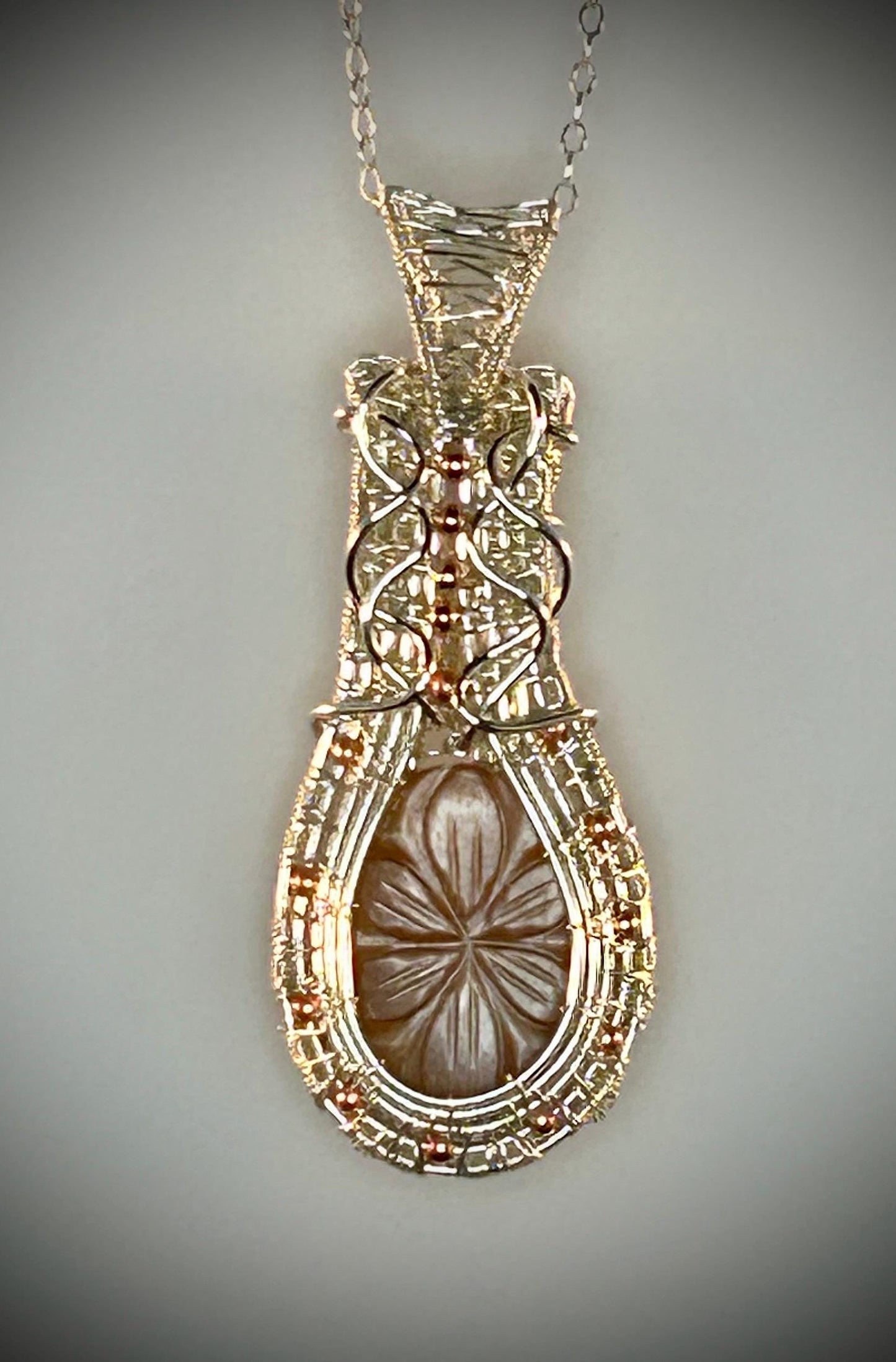 Silver Beaded Weave Carved Sunstone Pendant