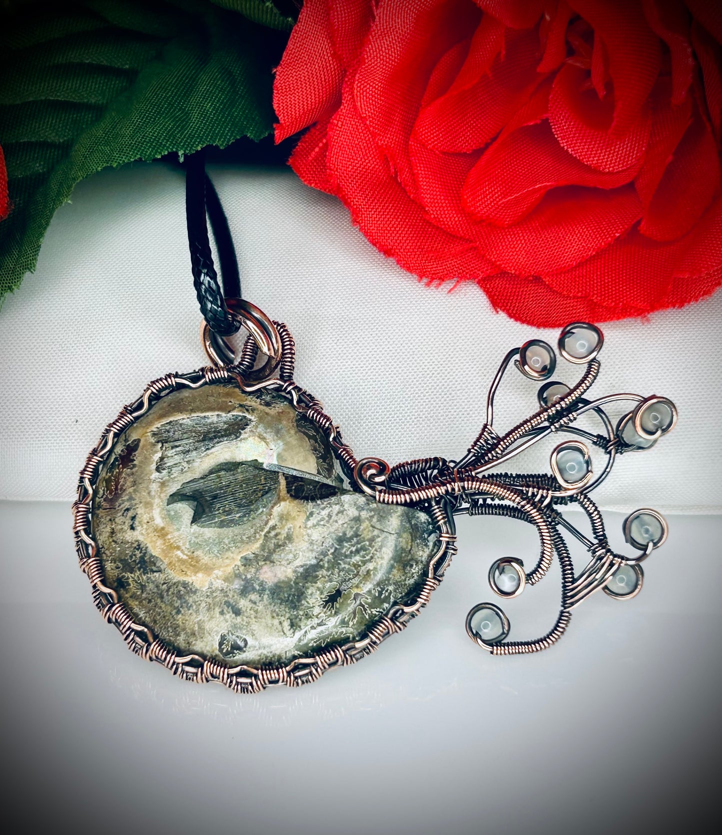 Copper Ammonite & Green Moonstone Nautilus Pendant