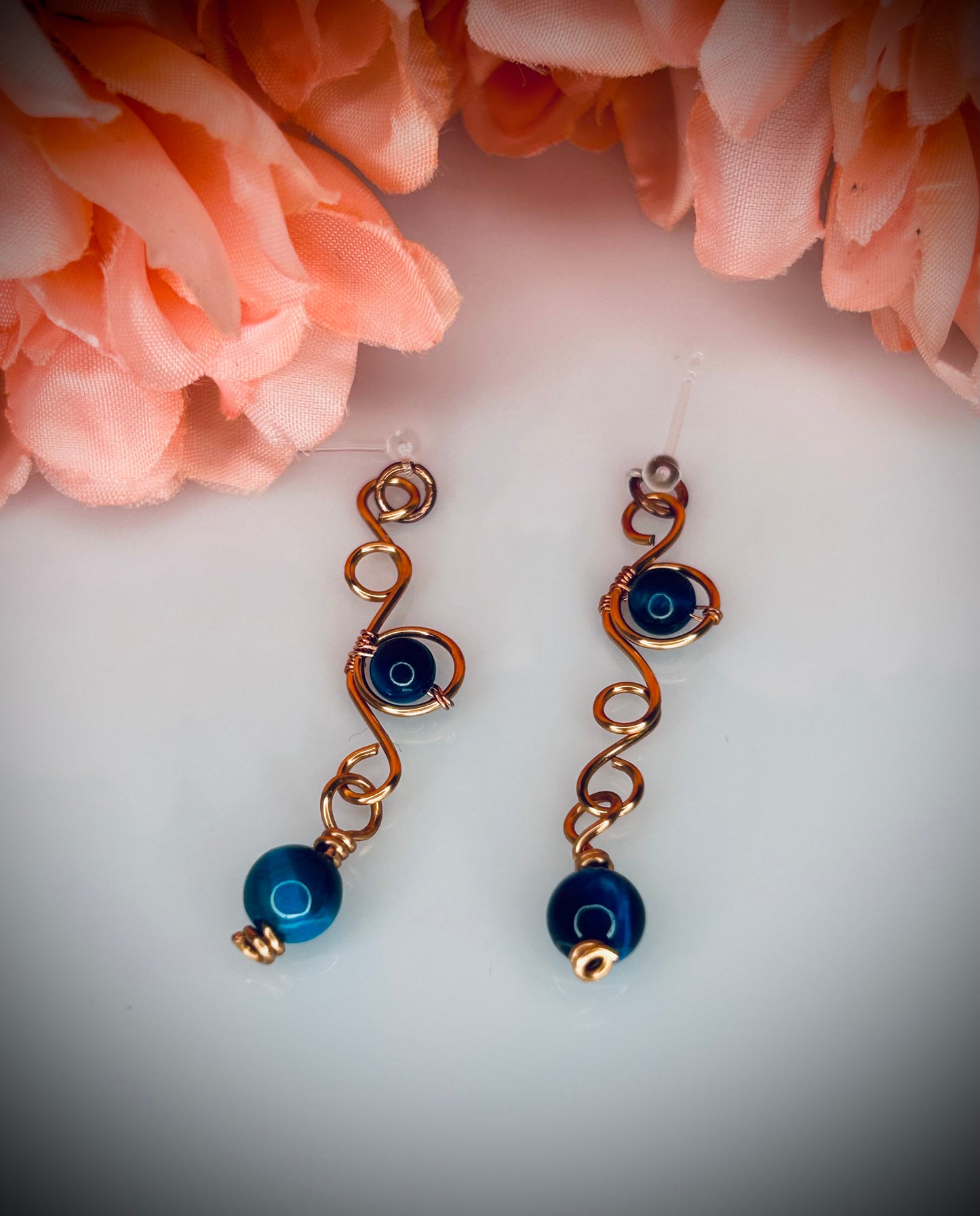 Copper Aquamarine Tiger’s Eye Swirl Post Earrings