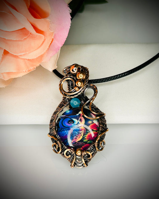 Copper Owl Glass Pendant