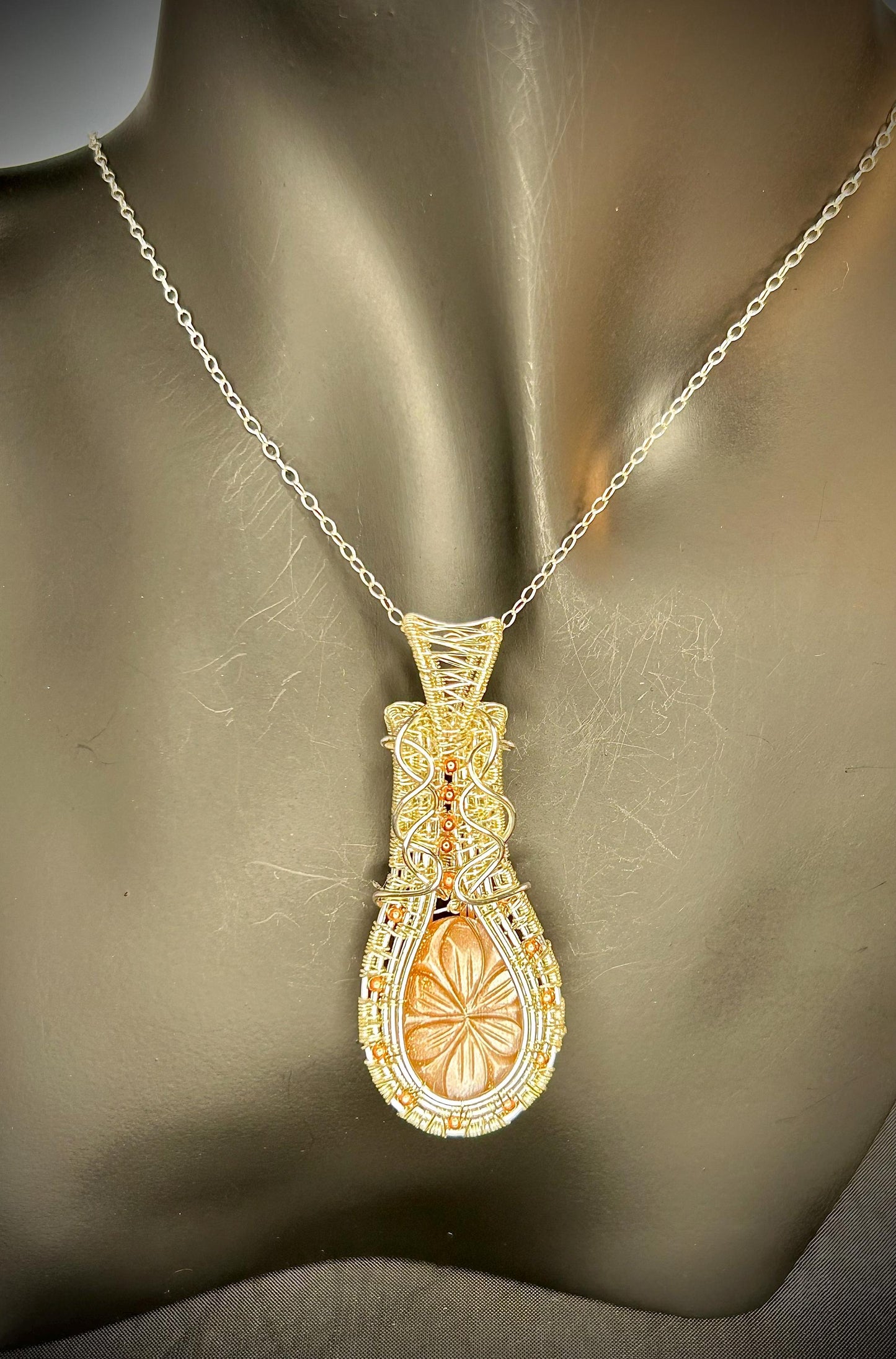 Silver Beaded Weave Carved Sunstone Pendant