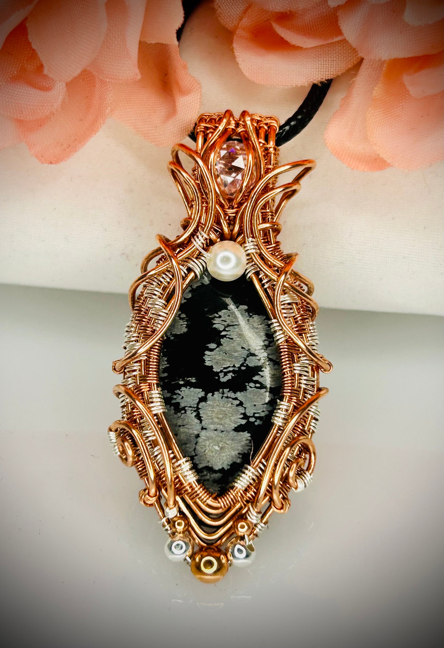 Copper/Silver Snowflake Obsidian Pendant