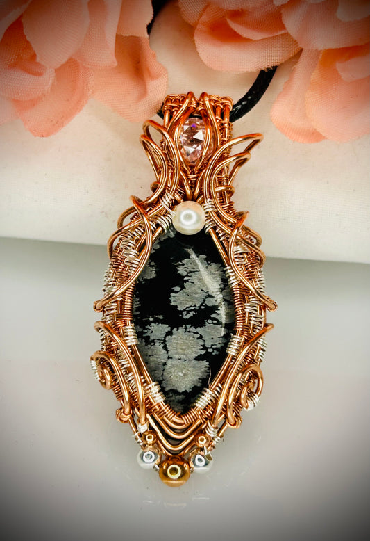Copper/Silver Snowflake Obsidian Pendant