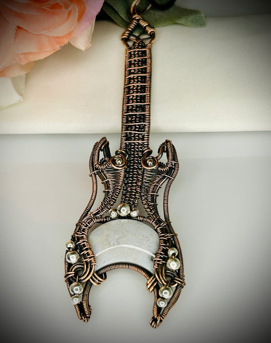 Copper Fossilized Coral Guitar Pendant