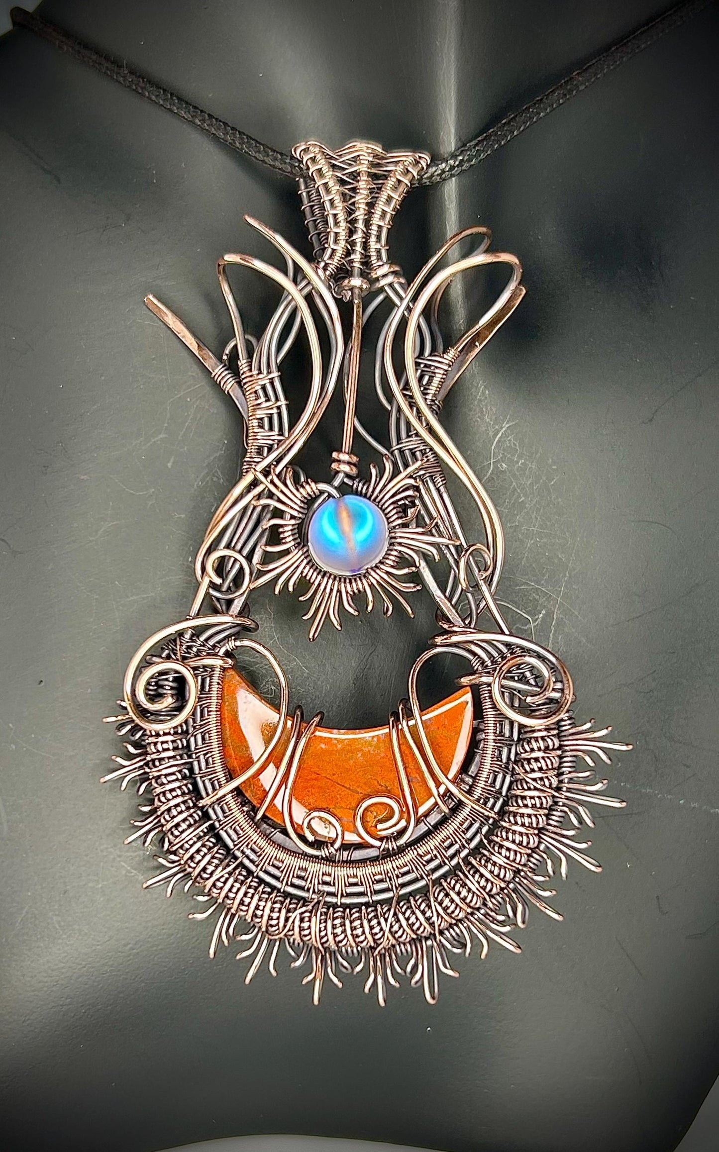 Copper Petrified Wood Moon and Sunburst Pendant