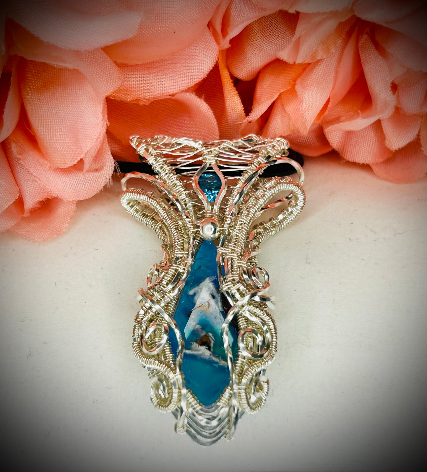 Silver Chrysocolla Copper Dolomite Aurora Opal Doublet & Blue Topaz Pendant