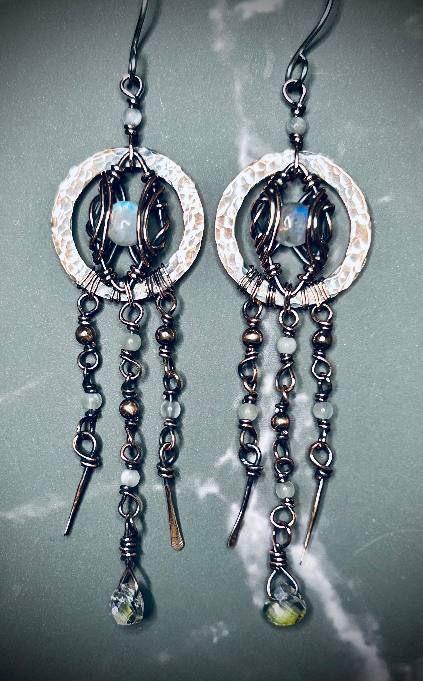 Copper Washer Rainbow Moonstone Earrings