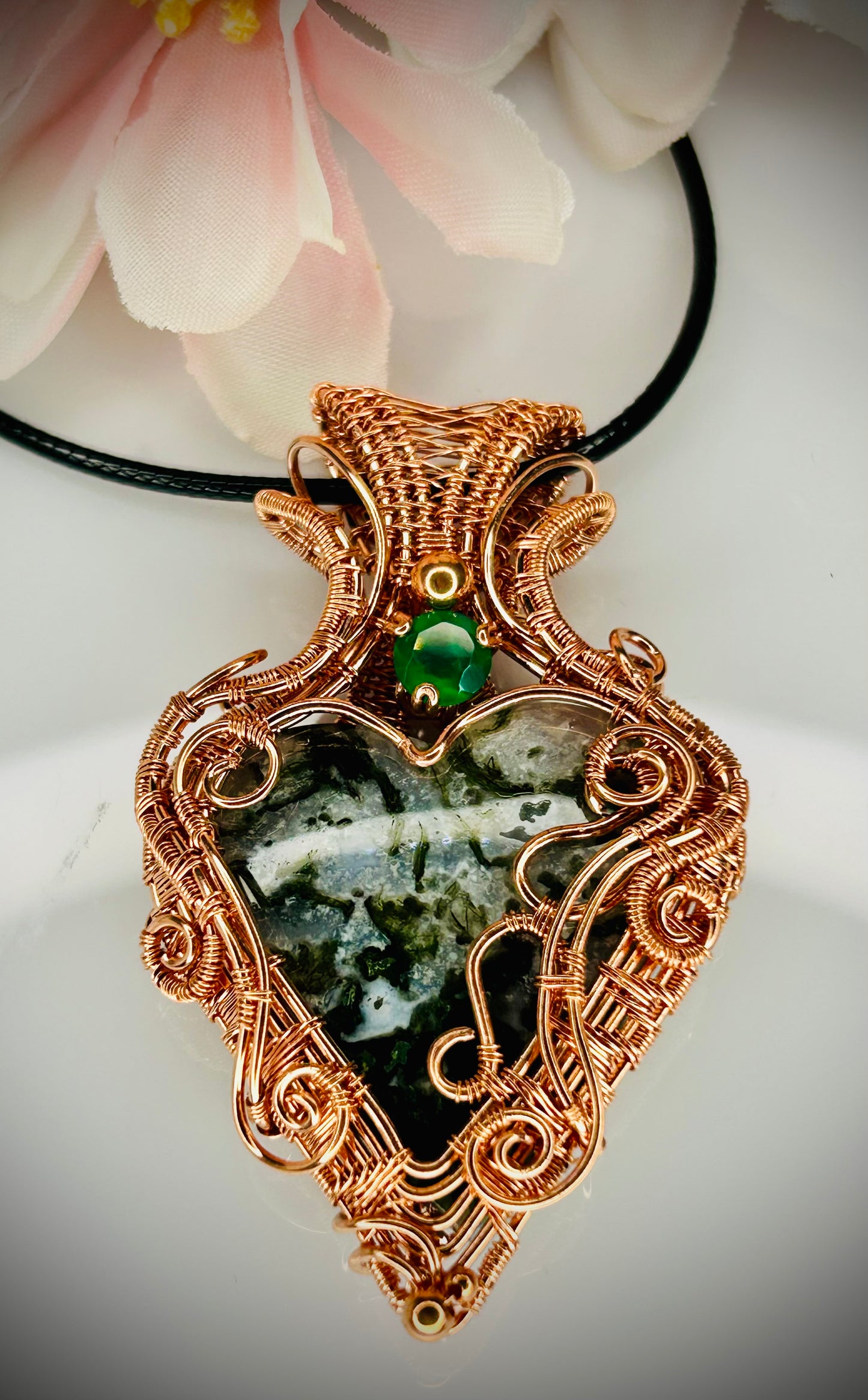 Copper Moss Agate Heart & Green Onyx Pendant