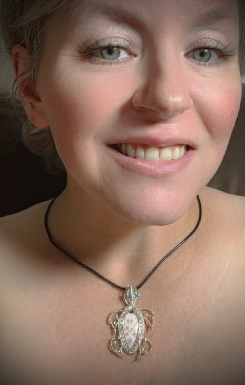 Silver Pink Natrolite Turtle Pendant