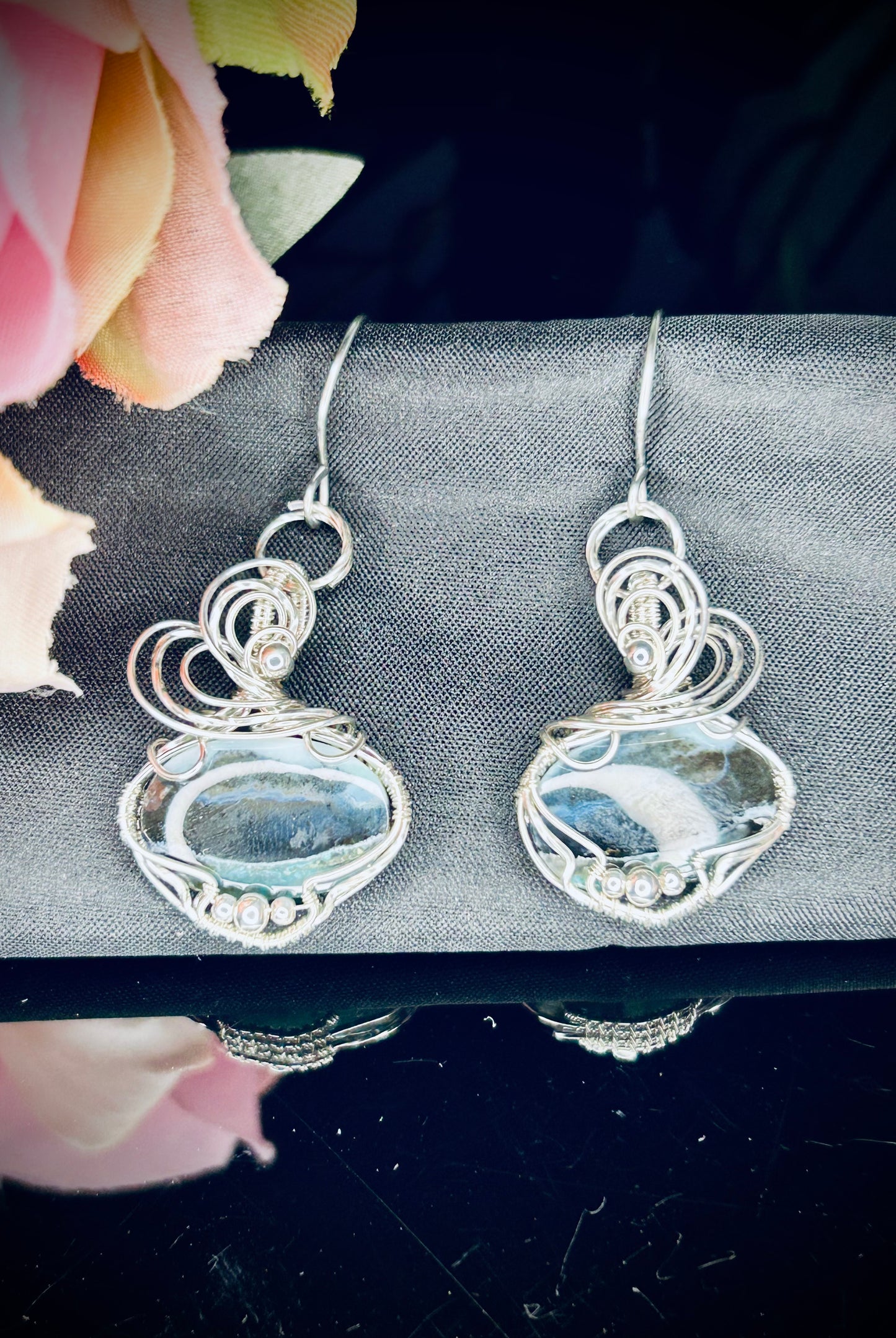 Silver Blue Opalized Wood Earrings