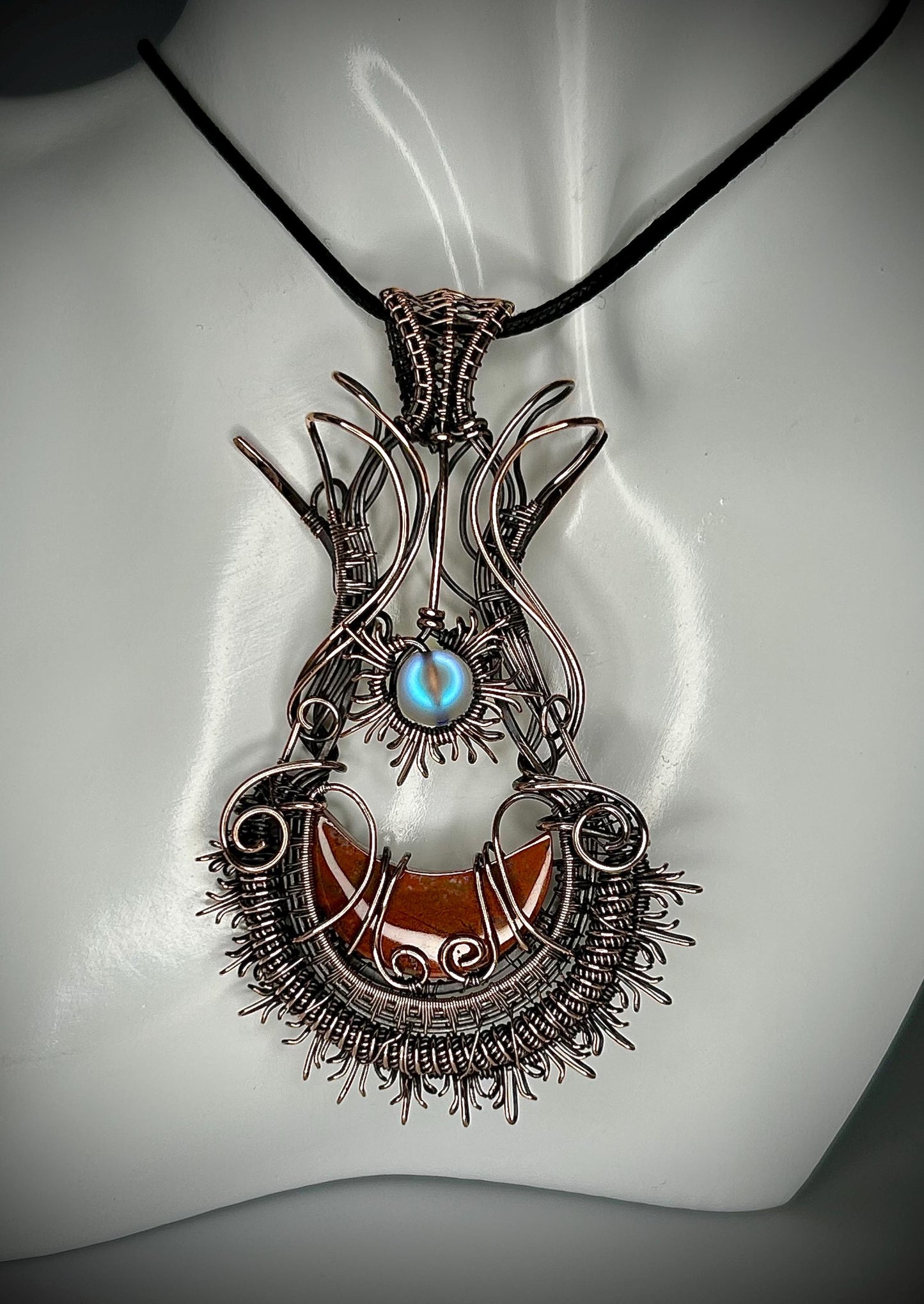 Copper Petrified Wood Moon and Sunburst Pendant