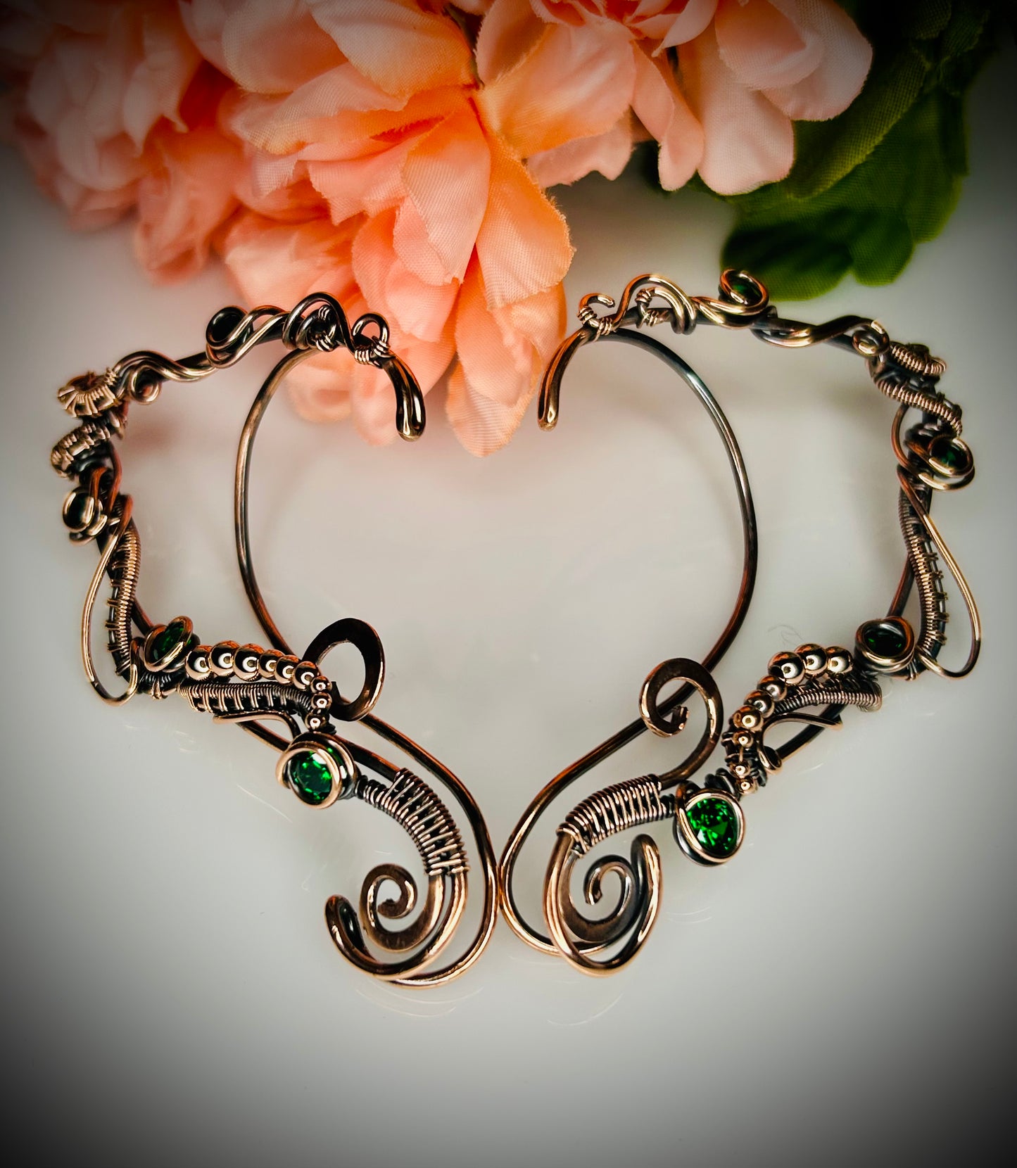 Copper Emerald Elven Ear Cuffs