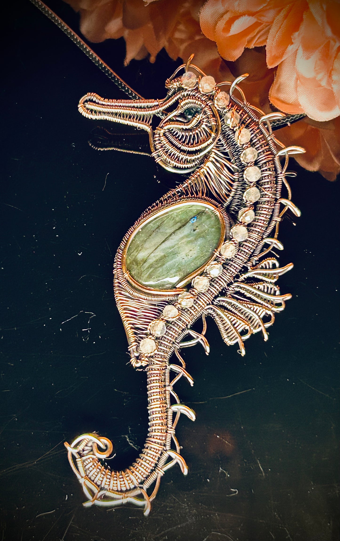 Copper Labradorite & Blue Zircon Seahorse Pendant