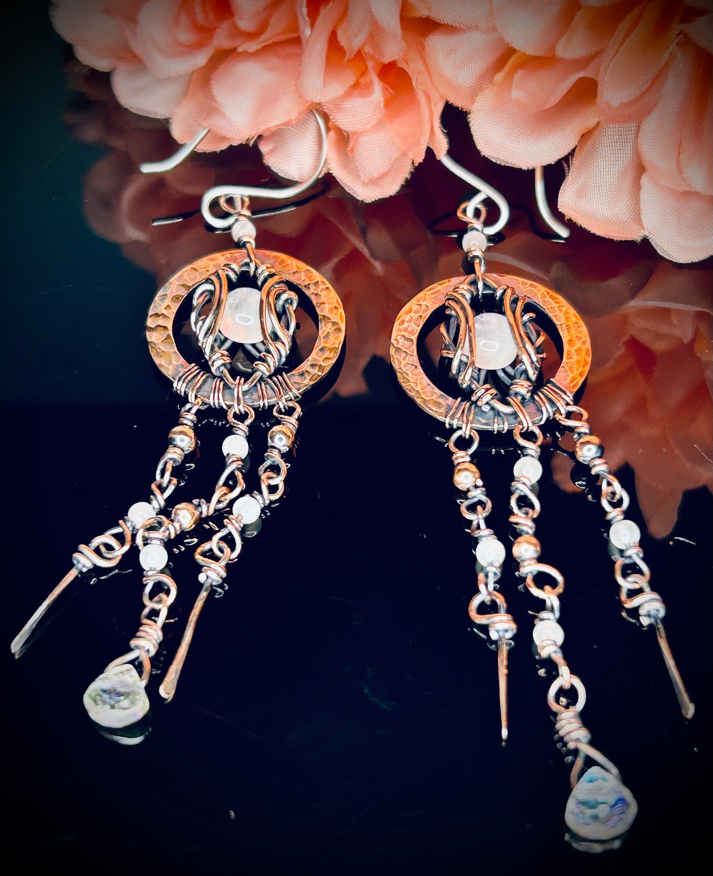 Copper Washer Rainbow Moonstone Earrings