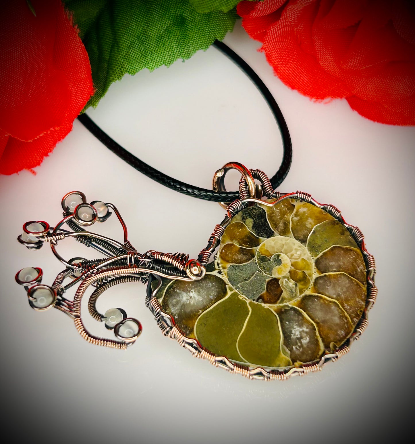 Copper Ammonite & Green Moonstone Nautilus Pendant
