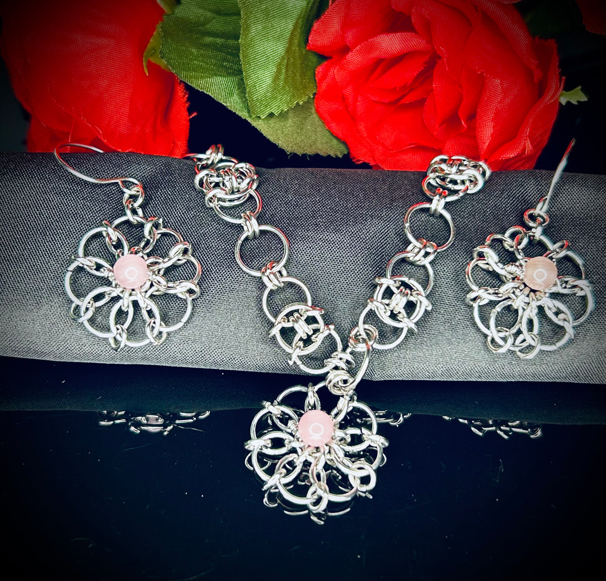 Pink Cat’s Eye Chainmail Pendant and Earring Set