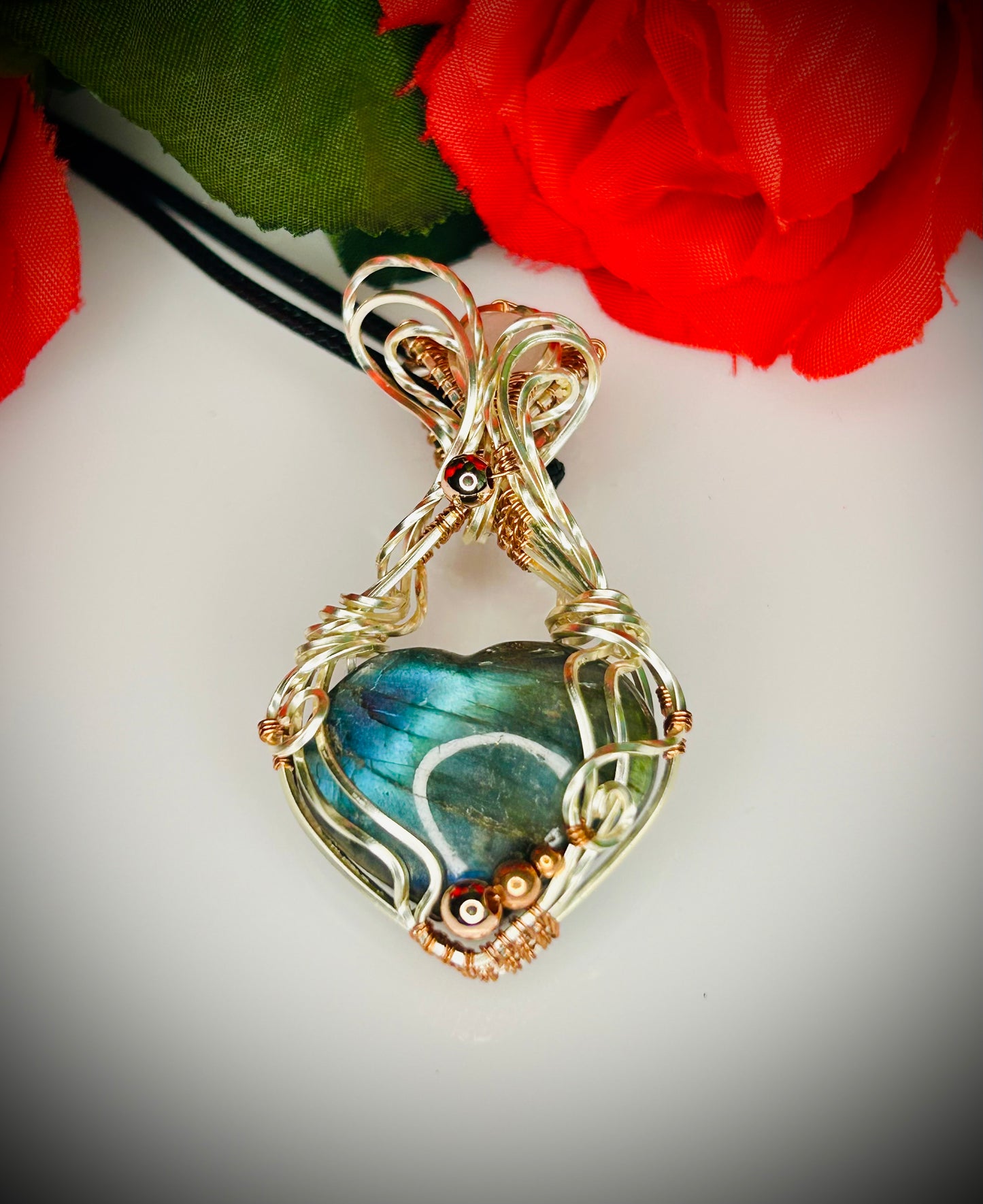 Tinned Copper Labradorite Heart & Moonstone Pendant